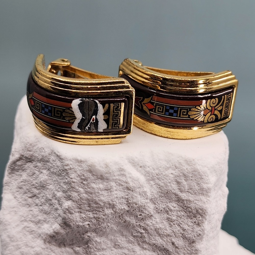 Michaela Frey Wien Enamel Clip On Earrings Gold Tone Greek Key Statement Vintage